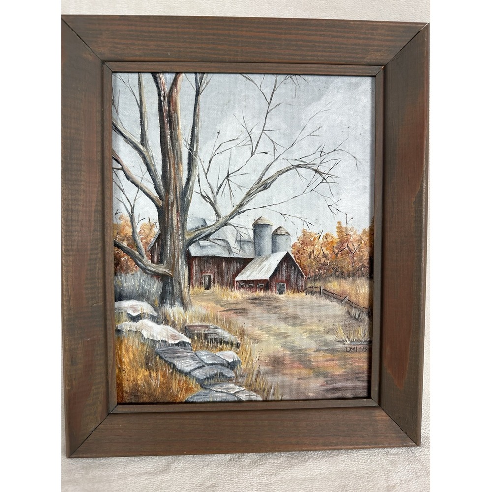 VTG Primitive Original Painting Americana Farm Scene Barn By Connie Law Folk Art - Picture 2 of 12